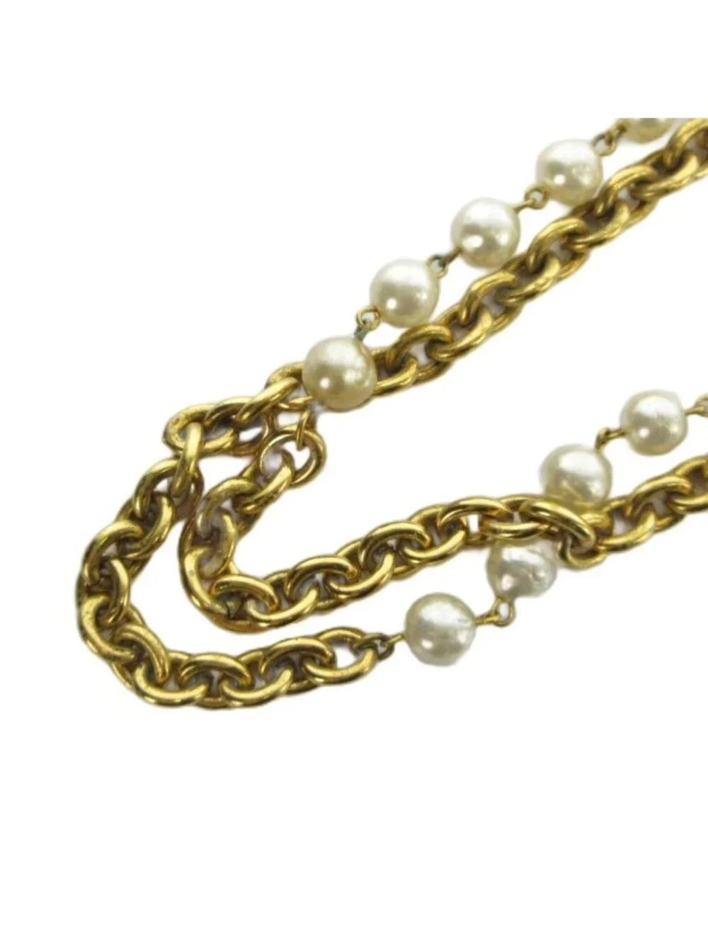 Chanel Necklace Logo Chain Faux Pearl Double Strand Gold